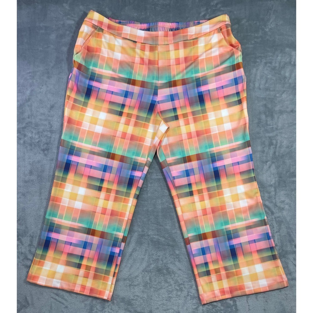 Isaac Mizrahi Live Womens 2XP Plaid Wide Leg Pull On Pants Multi Color‎ Stretch